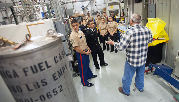 ROTC students receive a tour of the McClellan Nuclear Research facility on Jan. 11, 2018. A new educational outreach program, the Nautilus Program, is giving students in the great Sacramento region hands-on experience with MNRC’s nuclear reactor, the largest university-operated reactor on the West Coast. (Gregory Urquiaga/UC Davis)